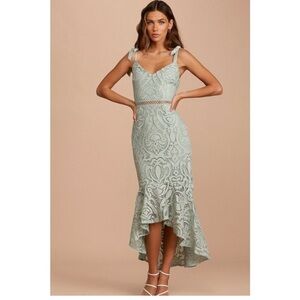 Lulus Won Your Heart Sage Green Lace Tie-Strap High-Low Midi Dress Size Small
